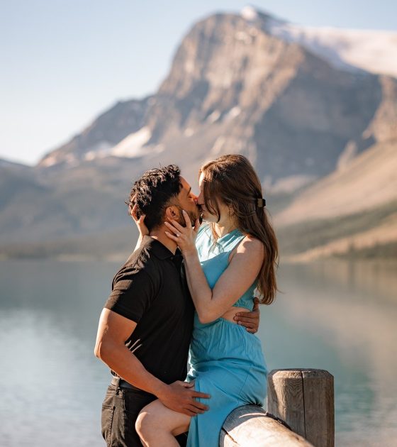 A Mountaintop Proposal Above Turquoise Alpine Lakes in Alberta
