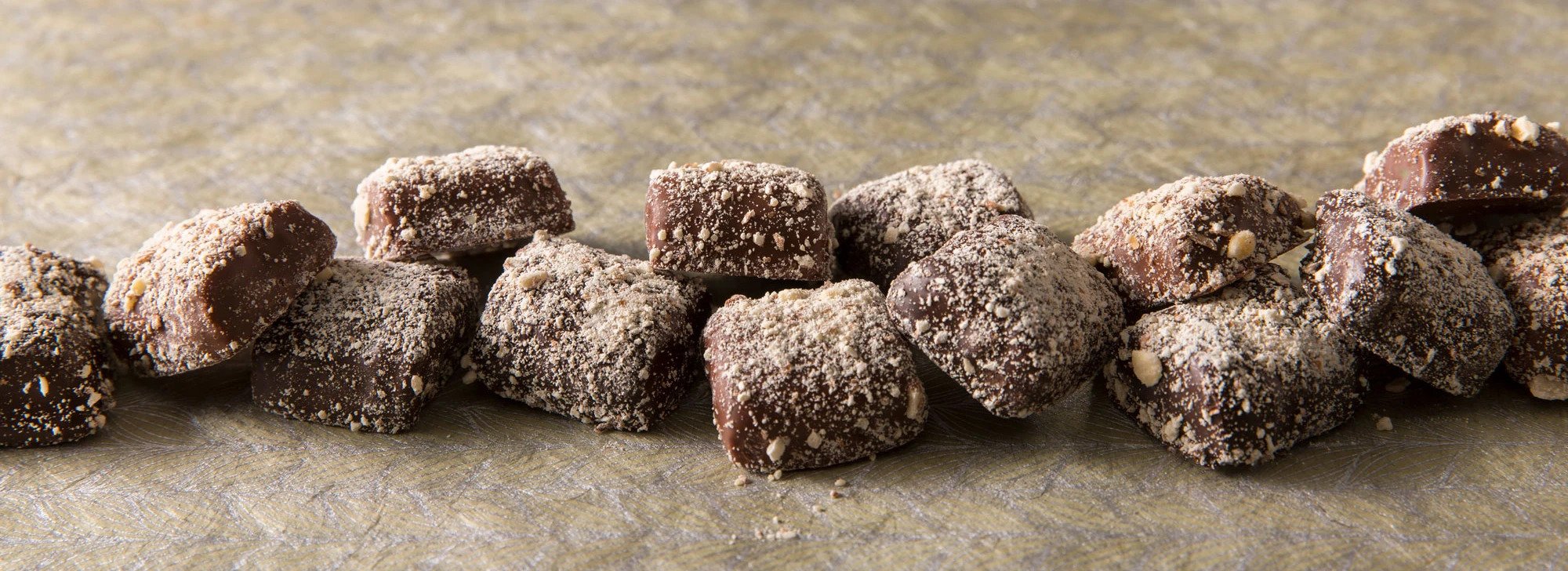 Close-up of chocolate-covered almond toffee pieces dusted with crushed nuts arranged in a row on a textured gold surface.