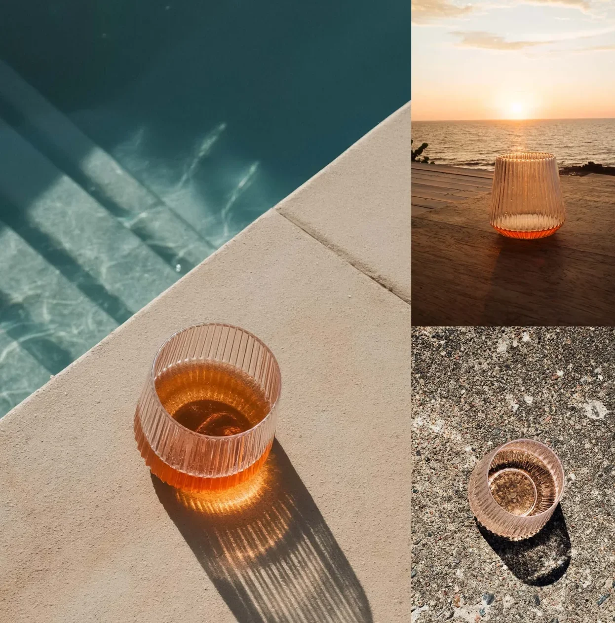 Ribbed unbreakable wine glasses filled with rosé, shown poolside and at sunset as a bachelorette party favor
